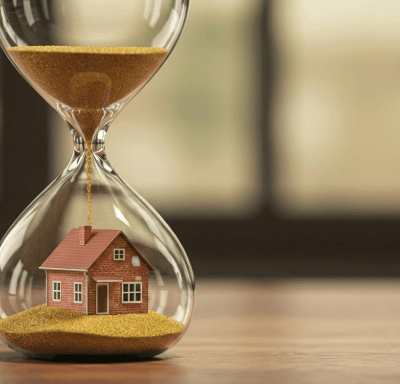 A person looking at a calendar and a house key, representing the anticipation and timeline of a property transaction.