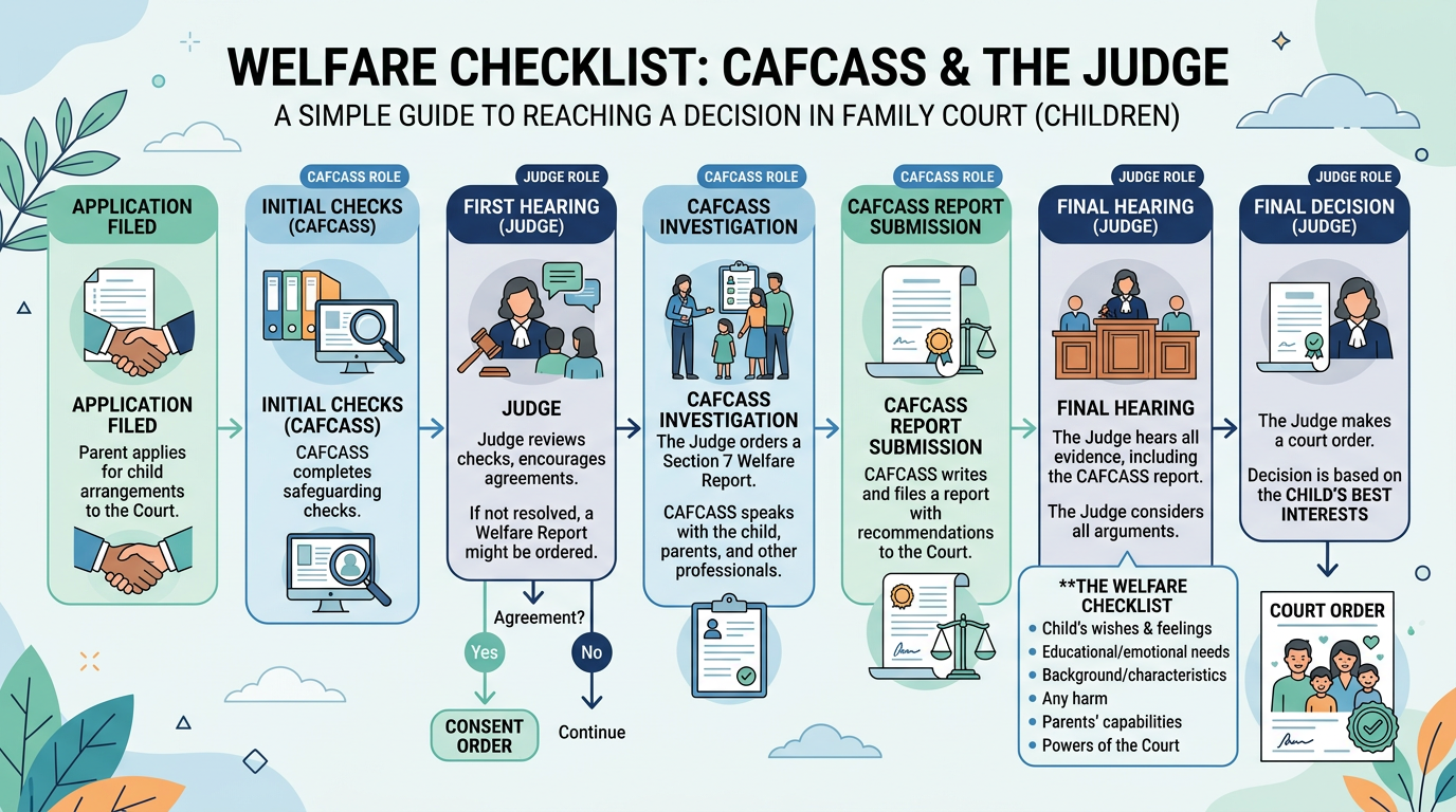 Illustration of the child welfare checklist factors used by UK courts for custody decisions.
