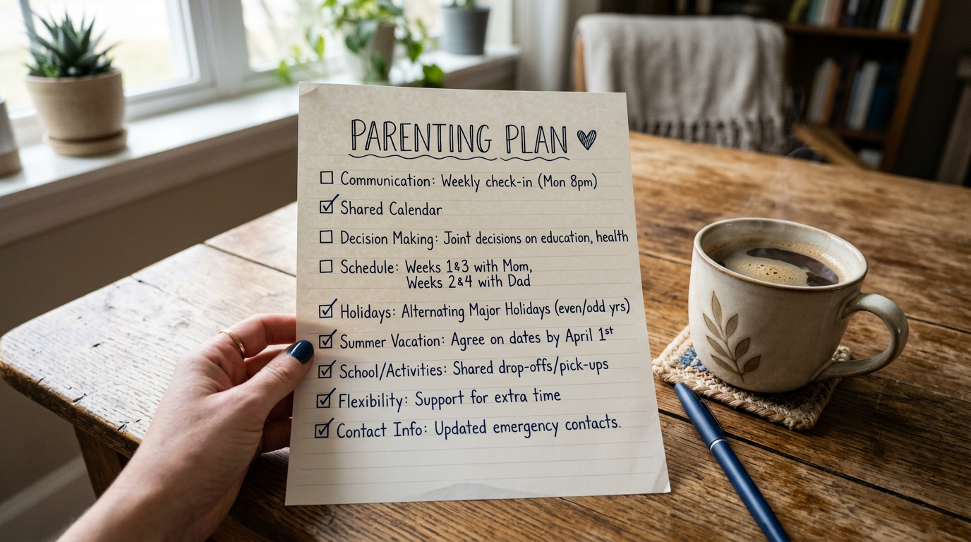 Parents collaborating on a child contact agreement and parenting plan at home.