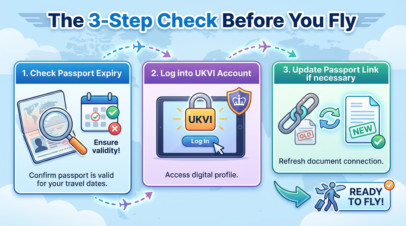 A traveler at the airport checking their UKVI digital immigration status on a smartphone alongside their passport.