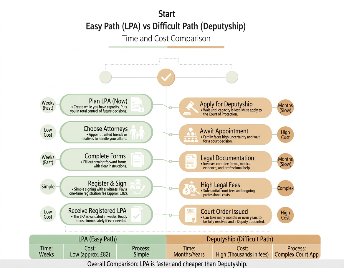 Visual comparison between the easy path of an LPA and the complex Court of Protection Deputyship process.