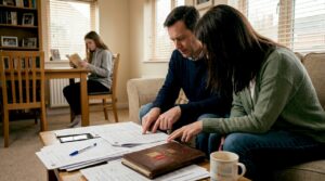 Family discussing divorce paperwork in living room