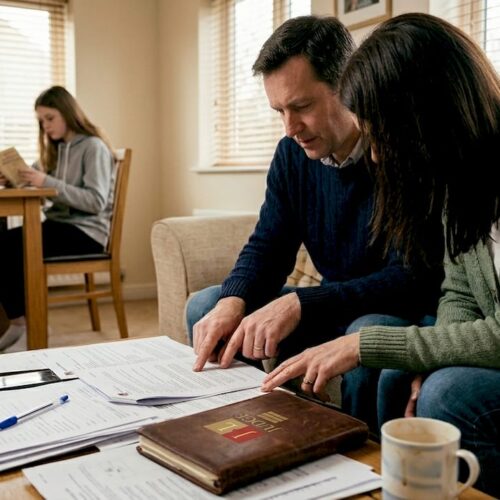 Family discussing divorce paperwork in living room