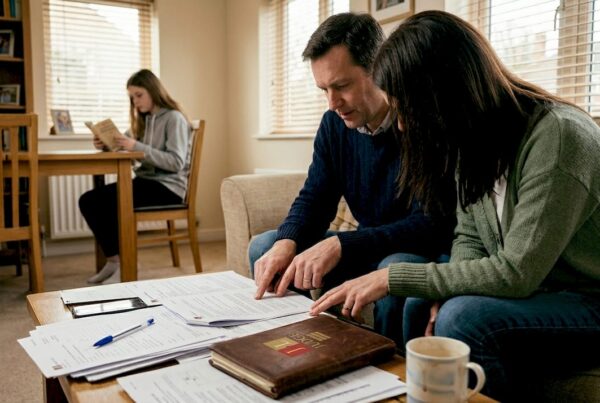 Family discussing divorce paperwork in living room