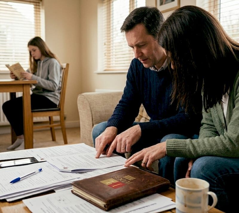 Family discussing divorce paperwork in living room