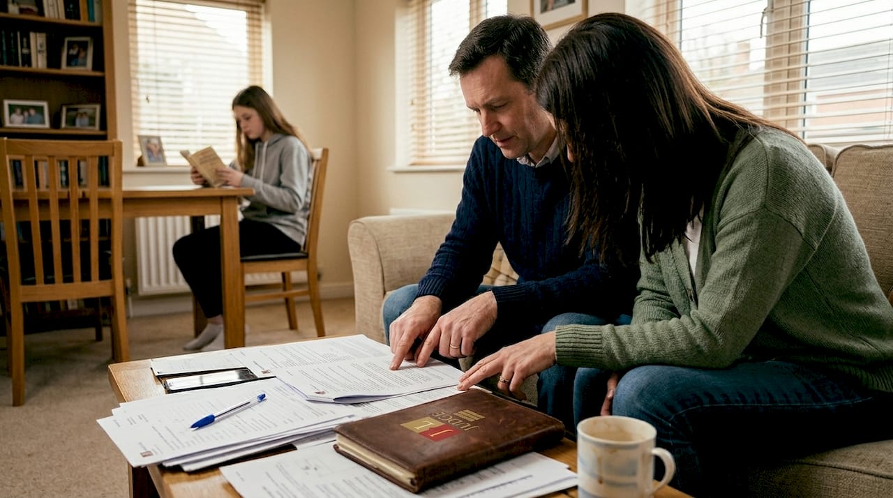 Family discussing divorce paperwork in living room