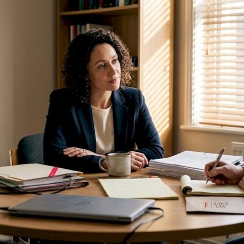 Family lawyer discussing case with client at desk