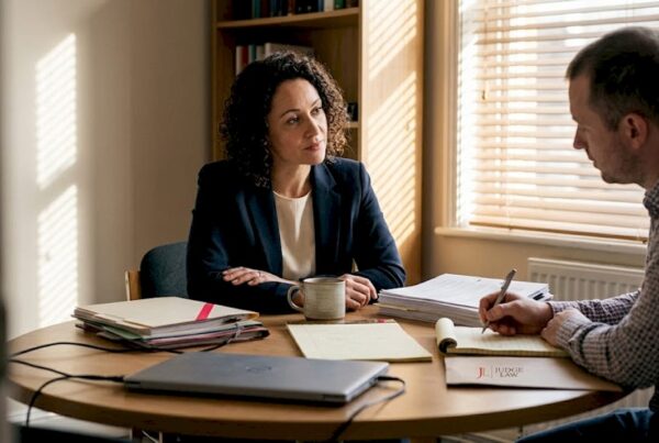 Family lawyer discussing case with client at desk
