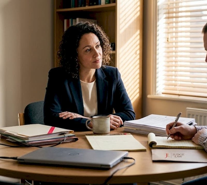 Family lawyer discussing case with client at desk