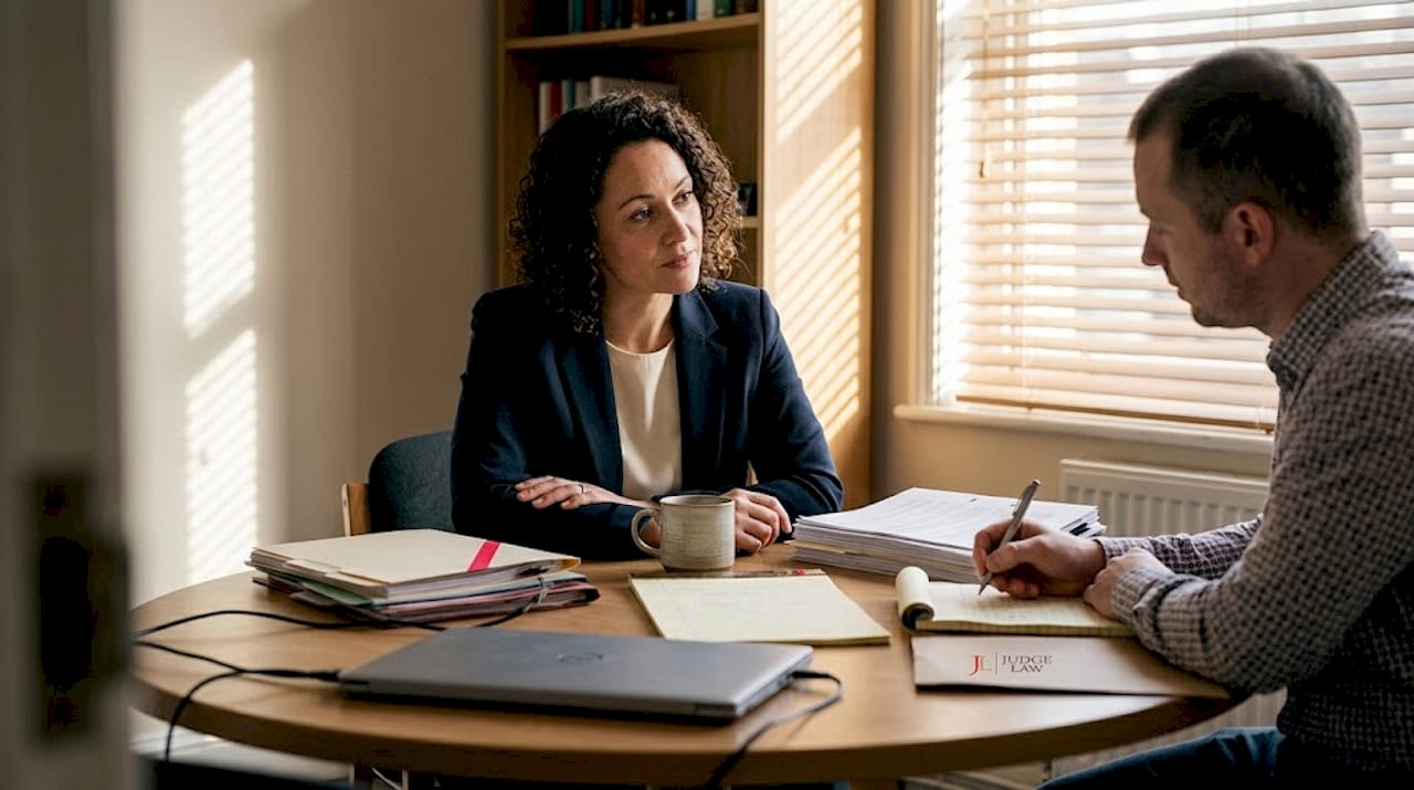 Family lawyer discussing case with client at desk