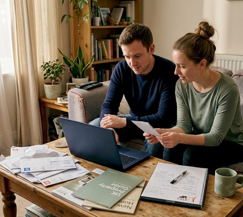 Couple reviewing UK home buying paperwork