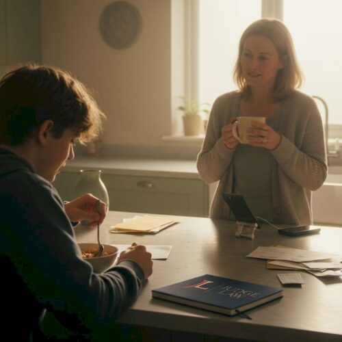 Mother and teenage son having quiet kitchen talk