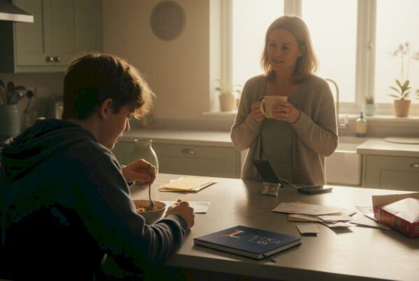 Mother and teenage son having quiet kitchen talk