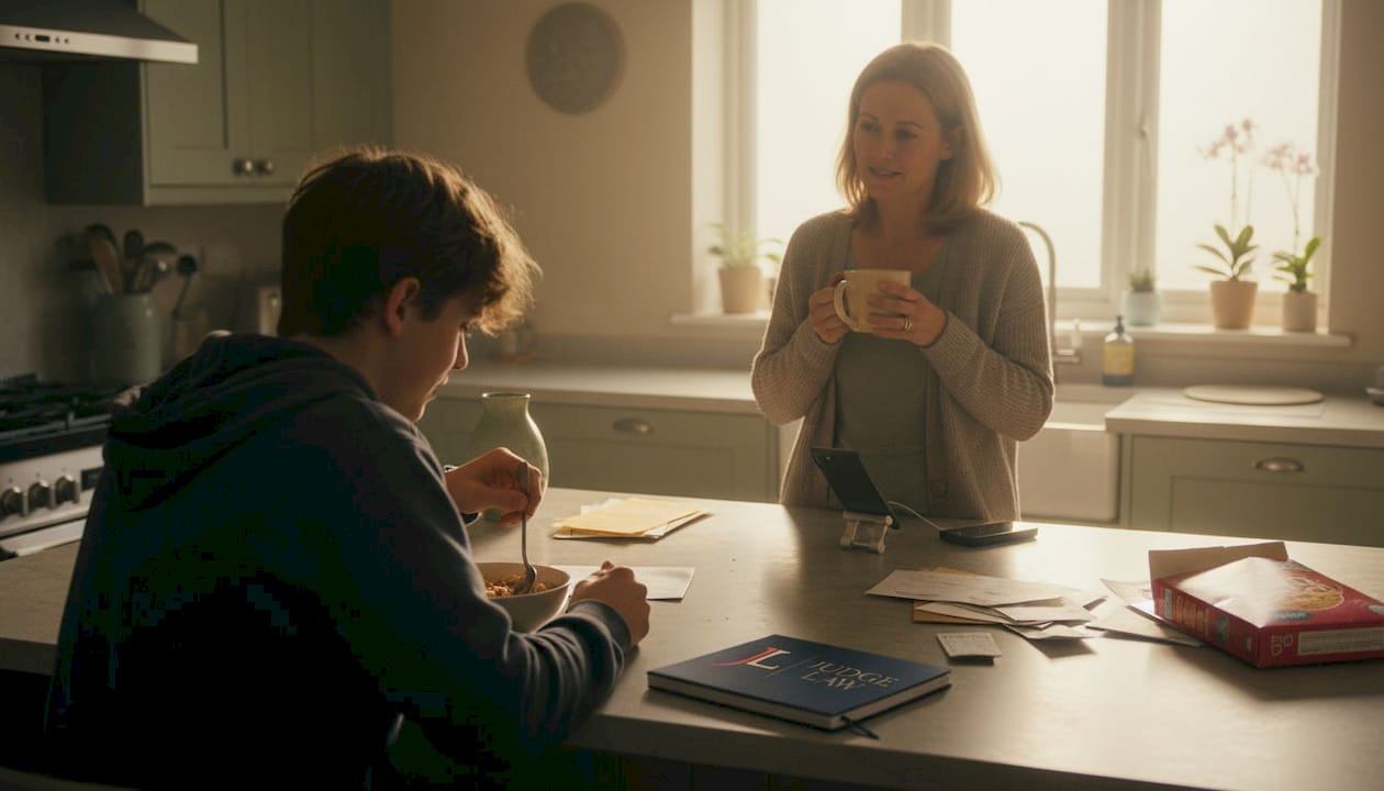 Mother and teenage son having quiet kitchen talk