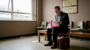 Man reviewing documents in tribunal waiting room