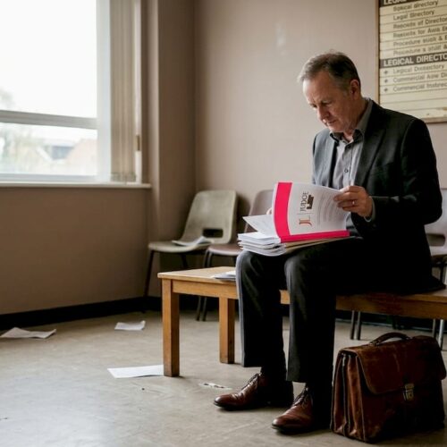 Man reviewing documents in tribunal waiting room