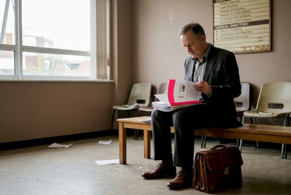 Man reviewing documents in tribunal waiting room