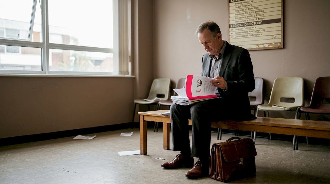 Man reviewing documents in tribunal waiting room