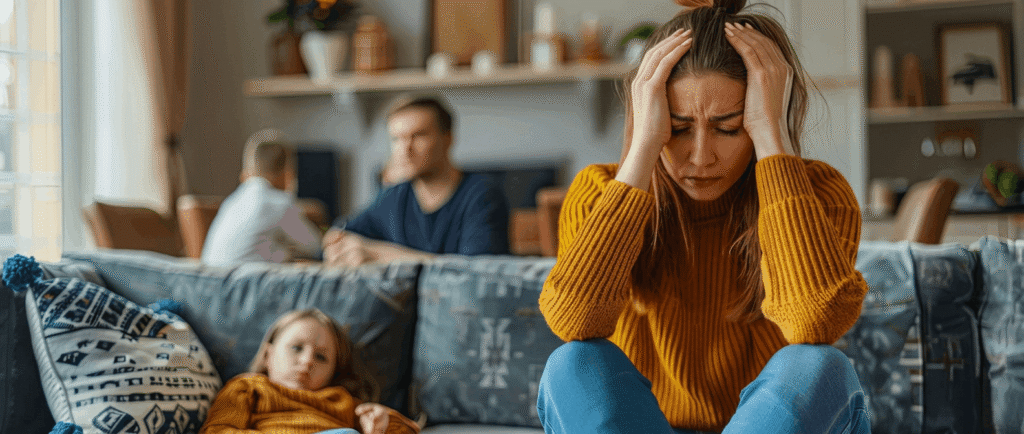 A stressed parent looking at legal documents, illustrating the emotional toll of false accusations in family court.