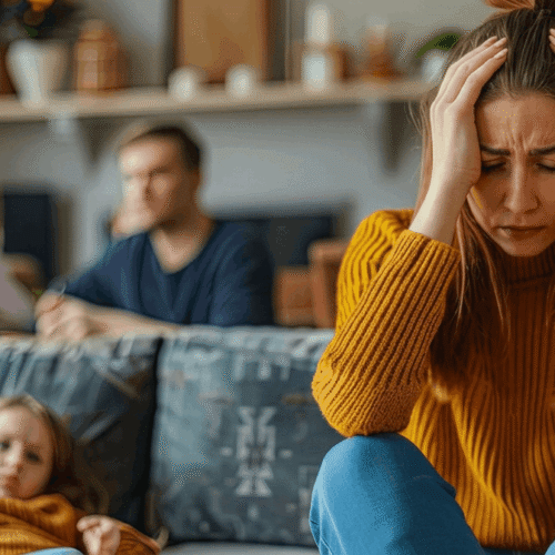A stressed parent looking at legal documents, illustrating the emotional toll of false accusations in family court.