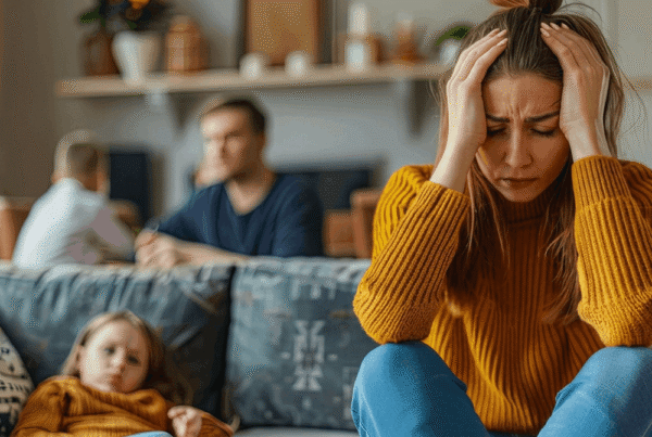 A stressed parent looking at legal documents, illustrating the emotional toll of false accusations in family court.