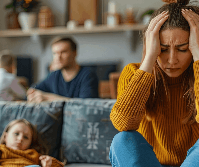 A stressed parent looking at legal documents, illustrating the emotional toll of false accusations in family court.