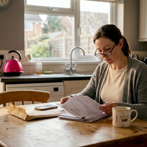 Woman reviewing divorce name change forms at table