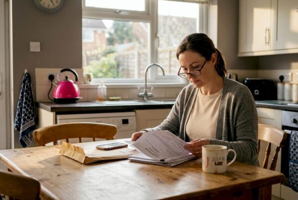 Woman reviewing divorce name change forms at table