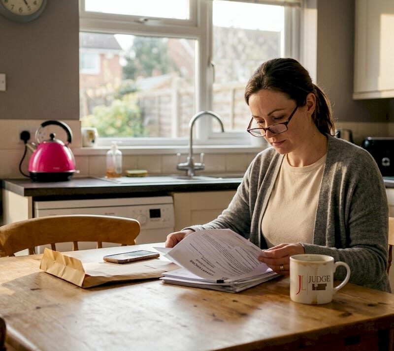 Woman reviewing divorce name change forms at table