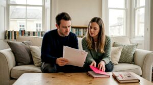 Couple reviewing property contract in living room