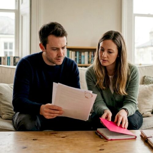 Couple reviewing property contract in living room