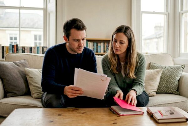 Couple reviewing property contract in living room