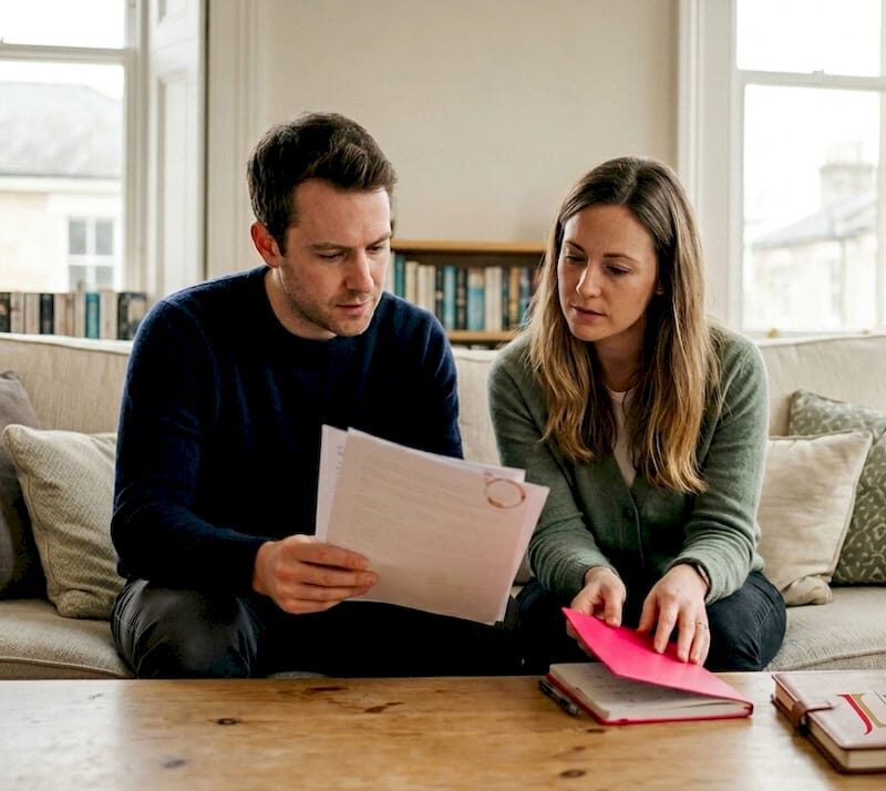 Couple reviewing property contract in living room