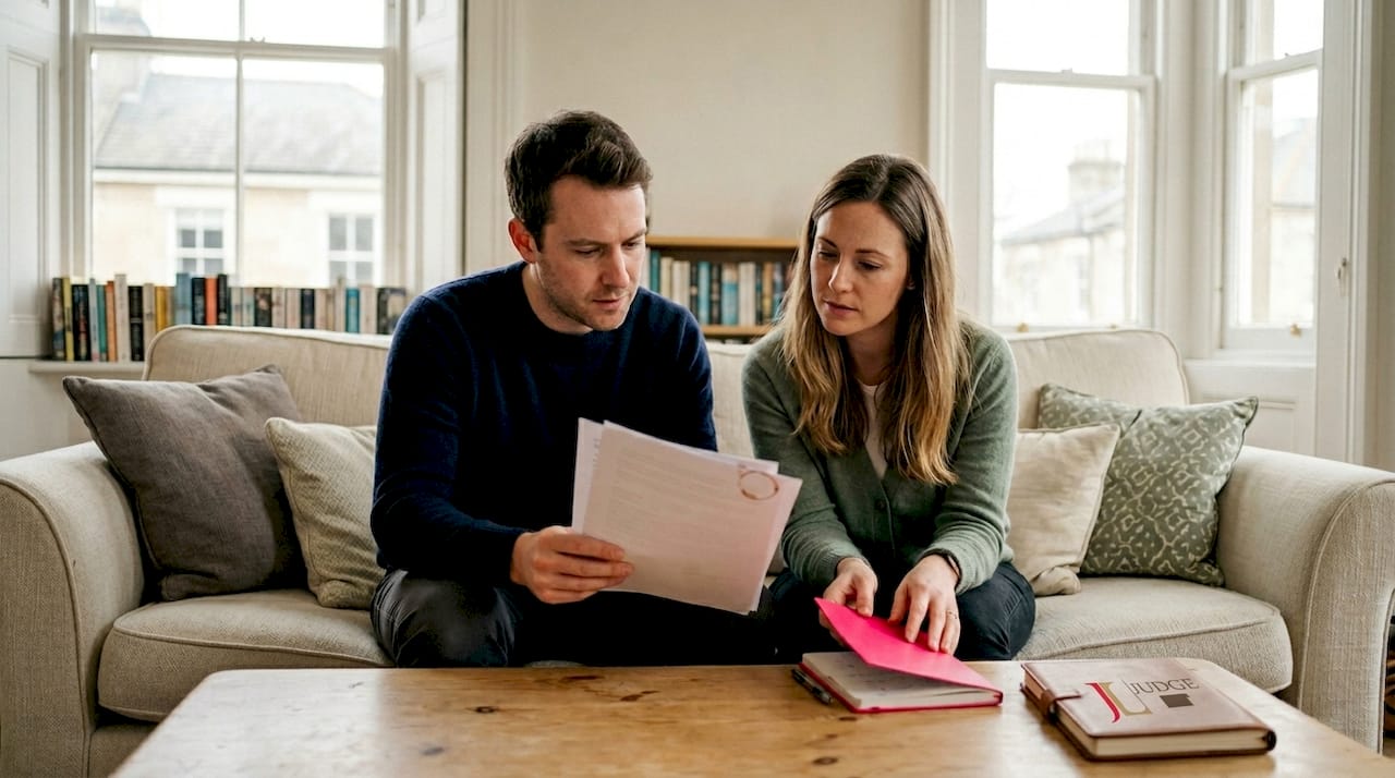 Couple reviewing property contract in living room