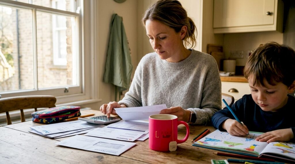 Parent reviewing finances with child nearby at kitchen table
