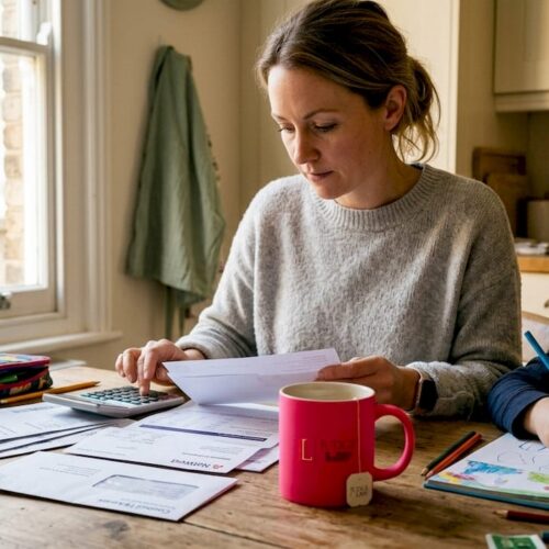 Parent reviewing finances with child nearby at kitchen table