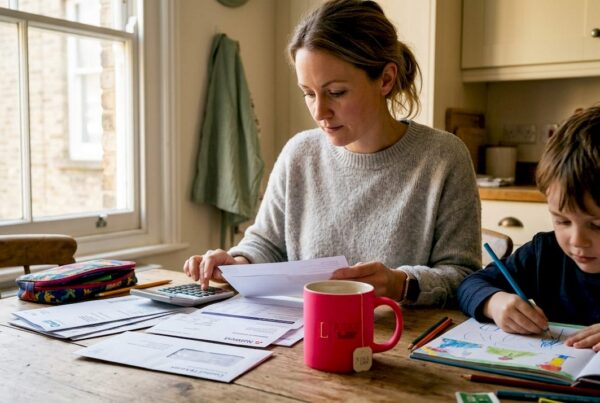 Parent reviewing finances with child nearby at kitchen table