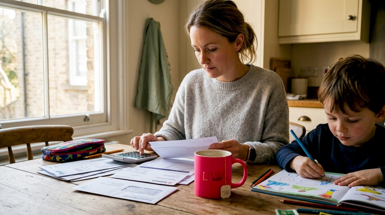 Parent reviewing finances with child nearby at kitchen table