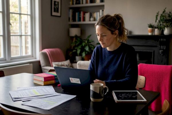 Woman uploading employment tribunal documents at table