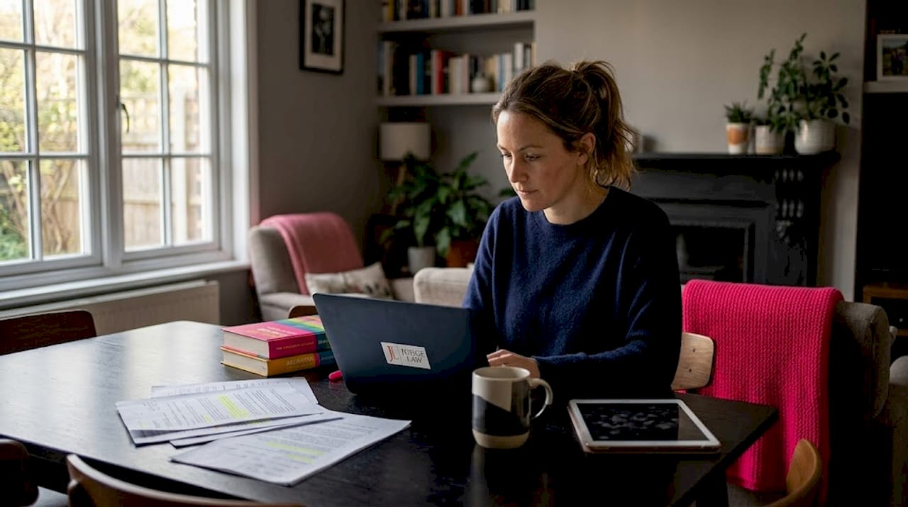 Woman uploading employment tribunal documents at table
