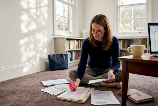 Woman reviewing divorce finance papers at home