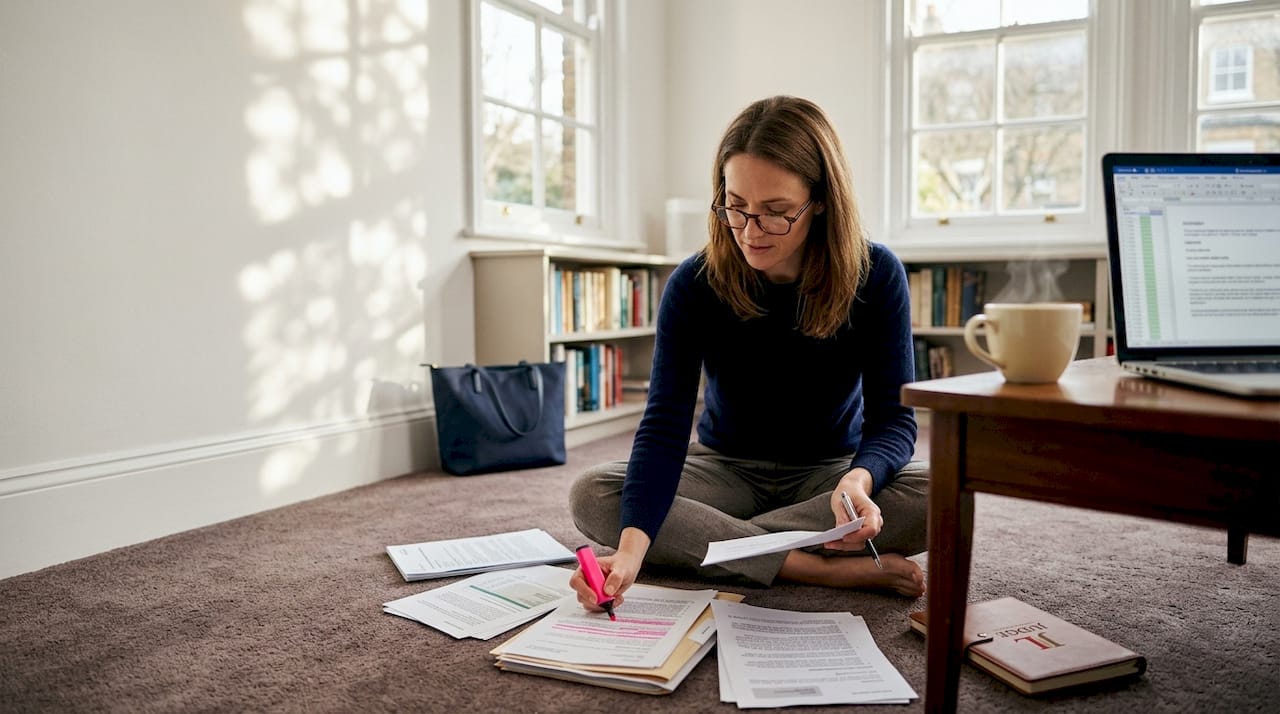 Woman reviewing divorce finance papers at home