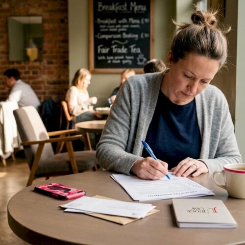 Woman reading prenuptial agreement at kitchen table