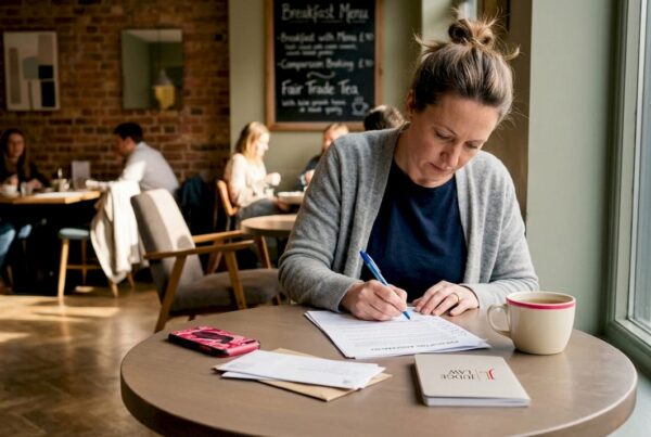 Woman reading prenuptial agreement at kitchen table