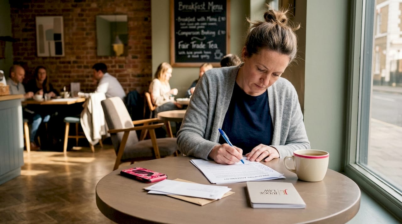 Woman reading prenuptial agreement at kitchen table