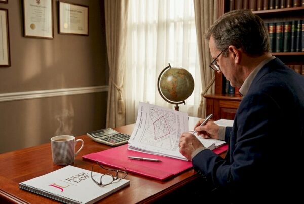 Solicitor reviewing conveyancing papers in office