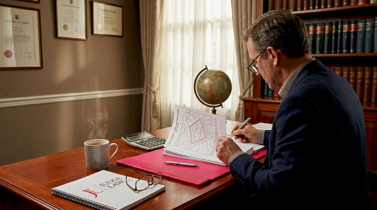 Solicitor reviewing conveyancing papers in office
