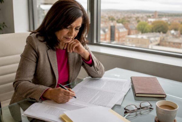 Woman reviewing probate documents at table