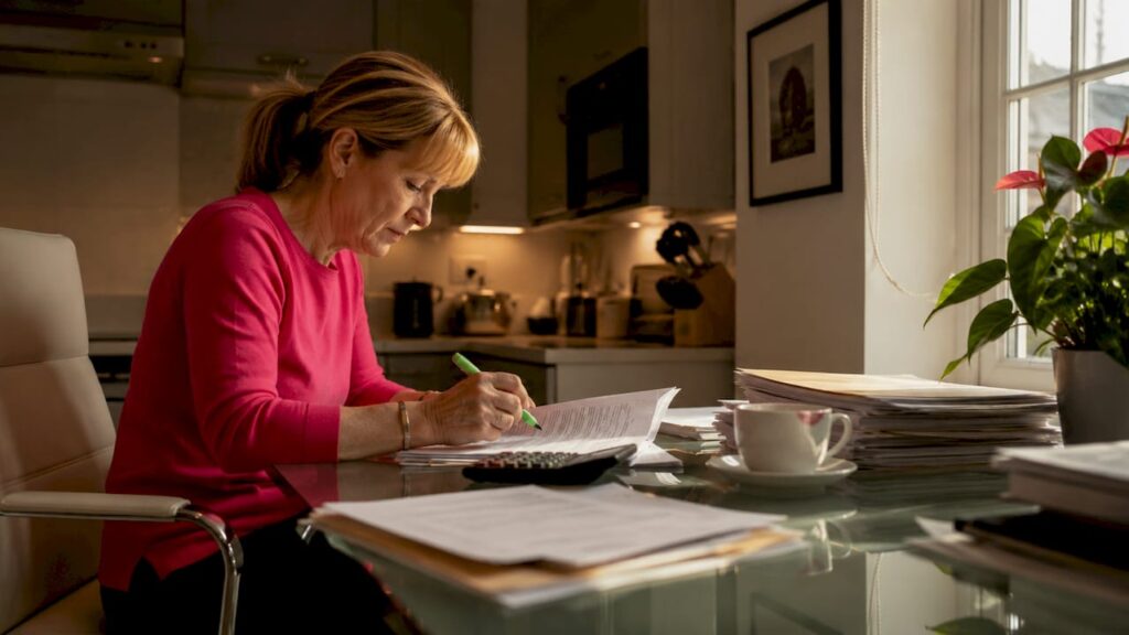 Woman reviewing UK inheritance tax documents at home desk