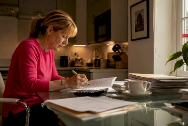 Woman reviewing UK inheritance tax documents at home desk
